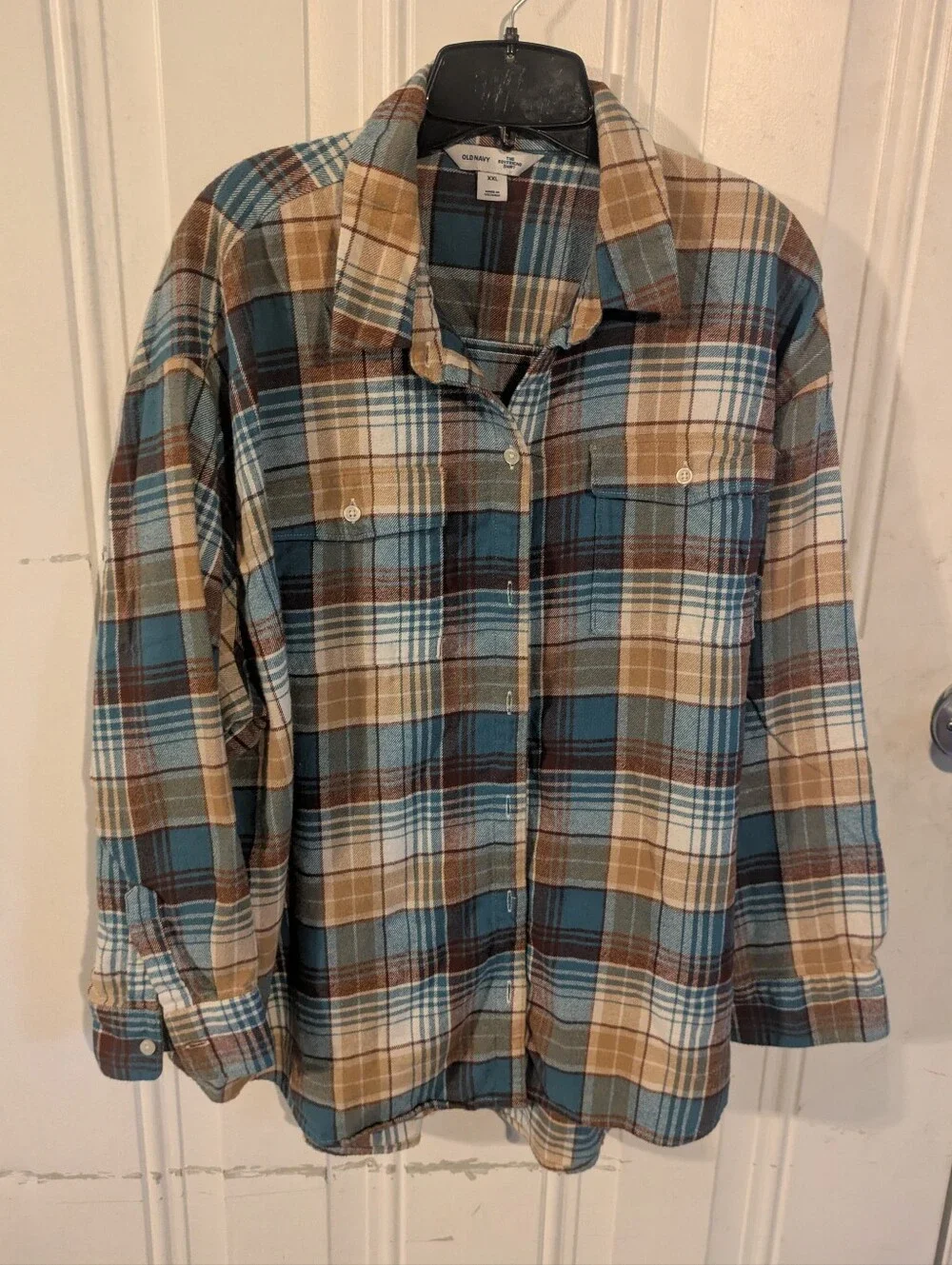 Old Navy Boyfriend Plaid Flannel Shirt XXL Blue Tan Oversized